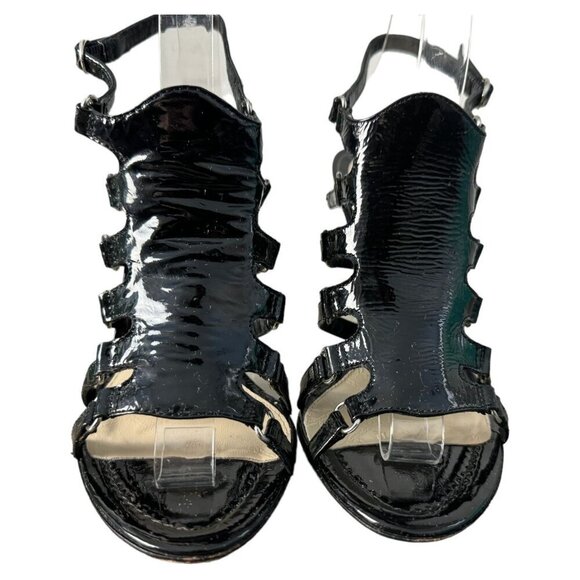 L.A.M.B. Goldy Sandal Heel in Black with Silver Strappy Stiletto Open Toe Size 9 - Picture 6 of 11